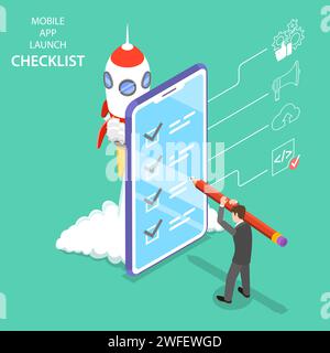 Flat isometric vector concept for mobile app launch checklist, startup idea, mobile development. Stock Vector