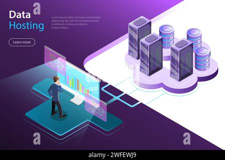 Flat isometric vector concept of data center, server hosting, big data, information processing. Stock Vector