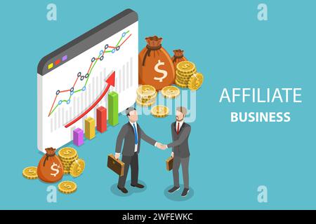 Flat isometric vector concept of affiliate business, marketing strategy, referral program, partnership. Stock Vector