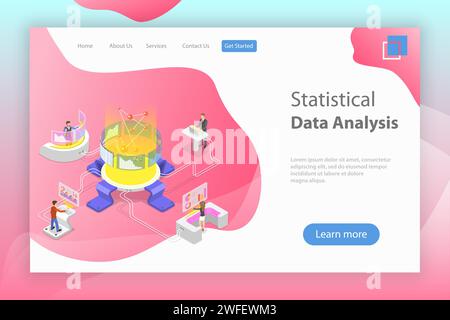 Flat isometric vector landing page template of statictical data analysis and analytics, audit report, company performance analysis. Stock Vector