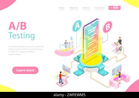 Isometric flat vector concept of AB testing, split test, A-B comparison, web development. Stock Vector
