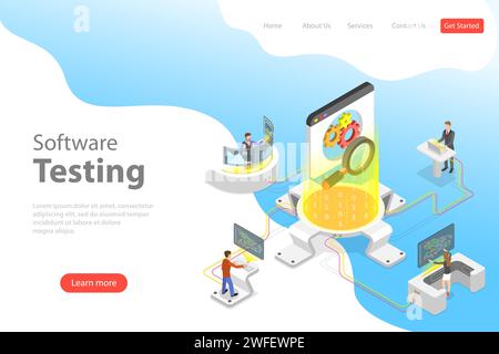 Isometric flat vector landing pate template of software quality assurance, SQA, product testing and debugging, programming and coding. Stock Vector