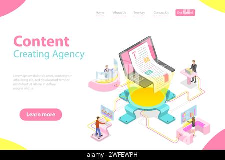 Flat isometric vector landing pate template of content creating, copywriting, creative writing, content marketing. Stock Vector