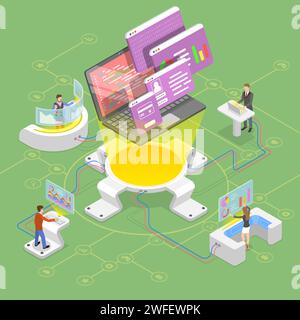 Flat isometric vector concept of software development, teamwork, brainstorm, coding Stock Vector