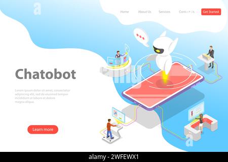 Flat isometric vector landing page template of chatbot, ai, artificial intelligence, customer support, markting strategy. Stock Vector