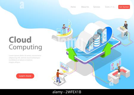 Isometric flat vector landing page template of cloud computing technology, data storage and hosting, big data. Stock Vector