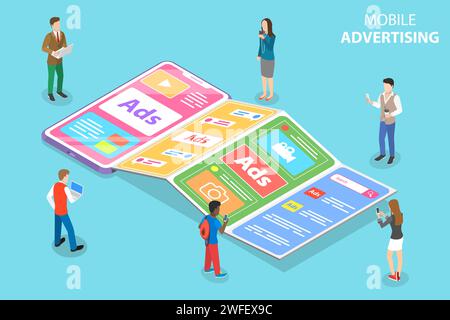 Flat isometric vector concept of mobile advertising, social media sponsored ads, digital marketing campaign. Stock Vector