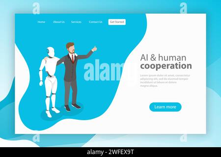 Flat isometric vector landing pate template for AI and human cooperation, artificial intelligence, business automation. Stock Vector