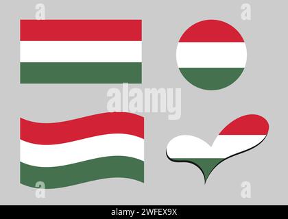 Flag of Hungary. Hungary flag in heart shape. Hungary flag in circle shape. Country flag variations Stock Vector