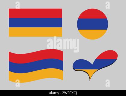 Flag of Armenia. Armenia flag in heart shape. Armenia flag in circle shape. Country flag variations Stock Vector