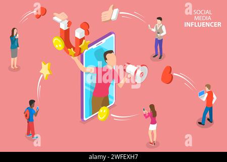 Isometric flat vector concept of social media influencer, digital marketing strategy, promotional advertising campaign. Stock Vector