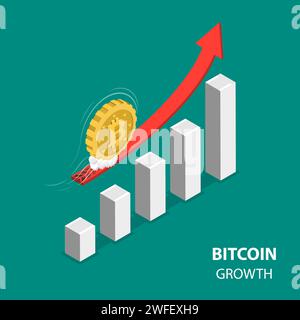 Bitcoing growth flat isometric low poly vector concept. Bitcoin is moving up at high speed over the rising financial chart. Stock Vector