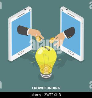 Crowdfunding flat isometric vector concept. Two hands appeared from smartphones and throwing coins into money box that looks like a big light bulb. Stock Vector
