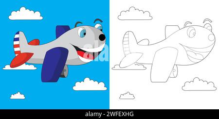 Cute smiling Airplane coloring page for kids Stock Vector