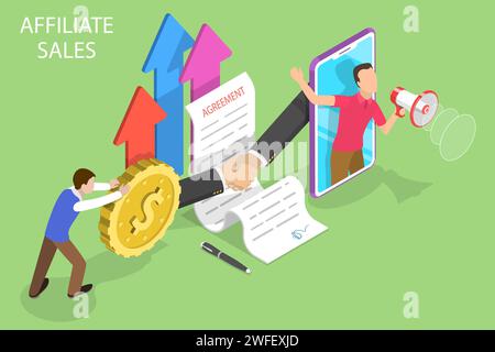 Isometric flat vector concept of affiliate sales, marketing strategy, referral program, partnership agreement. Stock Vector