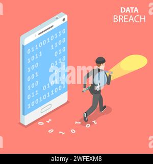Flat isometric vector concept of data breach, confidential data stealing, cyber attack. Stock Vector