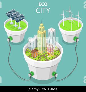 Flat isometric vector concept of eco city, solar panels, windmills, alternative green energy, wind turbines. Stock Vector