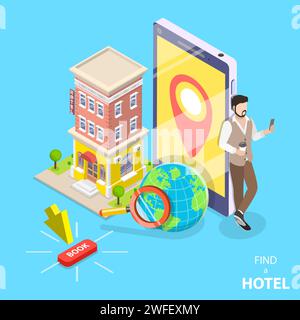 Flat isometric vector concept of hotel search, booking online, apartment reservation. Stock Vector