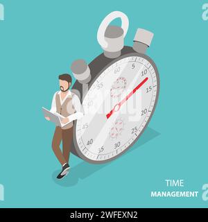 Time management flat isometric vector concept. Stylish young man is standing with his laptop near the stopwatch leaning at it. Stock Vector