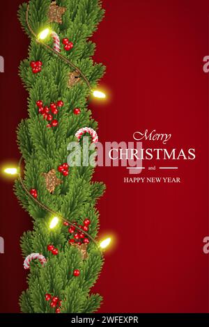 Christmas vector on red background with wishes, pine branches, berries, wooden stars, candy canes and garlands. For greeting card, poster and banner. Stock Vector