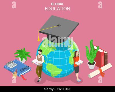 Flat isometric vector concept of global online education, e-learning, webinar, training. Stock Vector