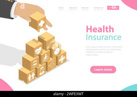 Isometric flat vector landing pate template of health insurance, healthcare and medical service. Stock Vector
