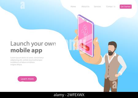 Flat isometric vector landing page template for mobile app launch, startup idea, mobile development. Stock Vector
