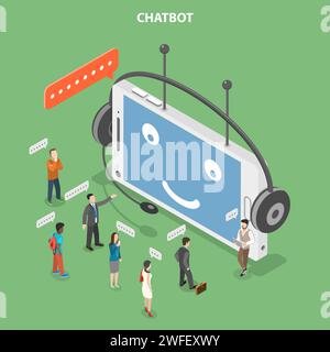 Chatbot flat isometric vector concept. Smartphone that looks like a robot head with headset is chatting with customers that are standing in front of i Stock Vector