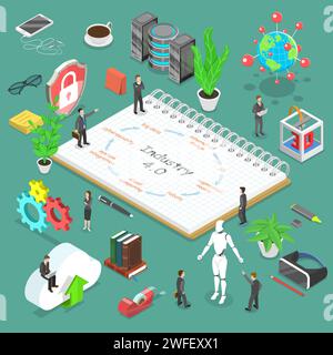 Isometric flat vector concept of industry 4, smart industrial revolution, augmented reality, iot, ai, cloud computing. Stock Vector
