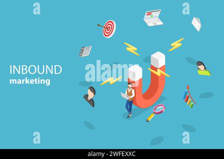 Isometric flat vector concept of digital inbound marketing strategy, leads generating, customer attraction and retention. Stock Vector