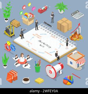 Isometric flat vector concept of marketing mix model, business concept strategy. Stock Vector