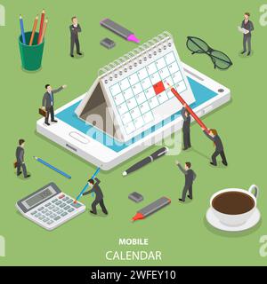 Mobile calendar flat isometric vector concept. People are making some marks on the paper calendar that is standing on the mobile phone. Stock Vector