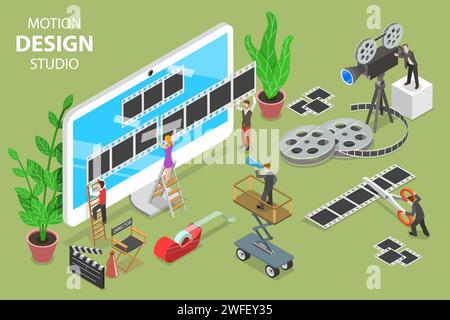 Isometric flat vector concept of motion design studio, video editor app, creating video online. Stock Vector