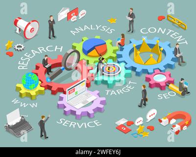 Digital marketing flat isometric vector concept. Renders DM as gears with names www, research, analysis, content, service, target, seo. Stock Vector
