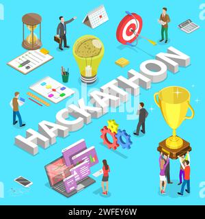 Isometric flat vector concept of hackathon, hack marathon coding event, app and software development. Stock Vector