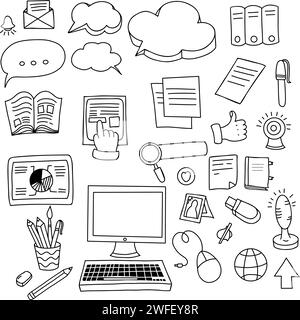 Business, work and communication. Collection linear hand doodles. Isolated vector drawings on white background Stock Vector