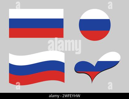 Flag of Russia. Russia flag in heart shape. Russia flag in circle shape. Country flag variations Stock Vector