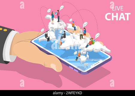 Flat isometric vector landing page template of live chat, social media network, digital communication, chatting. Stock Vector