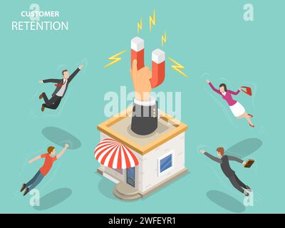 Customer retention flat isometric vector concept. Hand with magnet has appeared from the store building attracting people from everywhere. Stock Vector