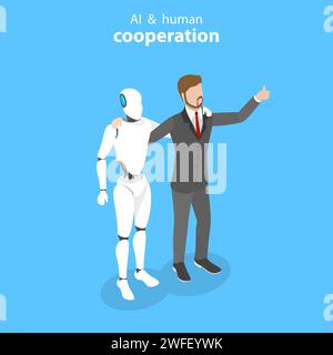 Flat isometric vector concept of robot and human cooperation, artificial intelligence, business automation. Stock Vector