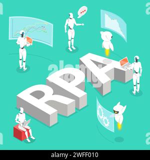 Isometric flat vector concept of robotic process automatisation, RPA, AI, artificial intelligence, machine learning. Stock Vector