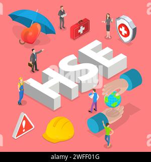 Isometric flat vector concept of HSE, practical aspects of environmental protection and safety at work, health safety environment. Stock Vector