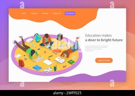 Education makes a door to bright future. Isometric flat vector landing page template. Stock Vector
