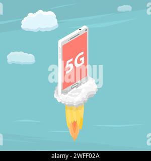 5g flat isometric vector concept. Smartphone with a title 5G is flying in the sky like a rocket. Stock Vector