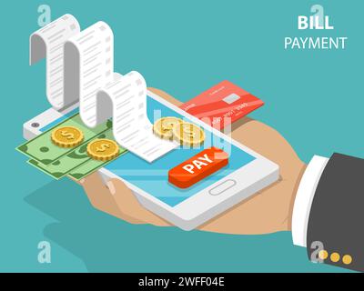 Bill payment flat isometric vector concept of mobile payment, shoping, banking. Stock Vector