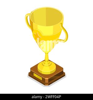 Isometric flat vector concept of a golden winner cup isolated on a white background. Stock Vector