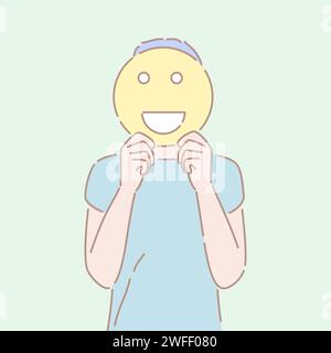 Hand drawn style vector illustration of a man holding an smiling emoji sign in front of his face. Concept of good emotion, cheerful mood, positive fac Stock Vector