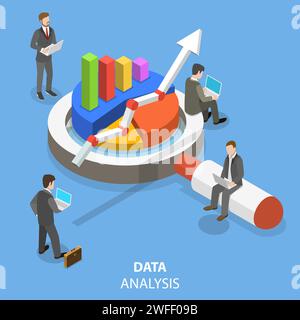 Data analysis flat isometric vector concept. A business team is investigating some information with around the huge magnifying glass and some kinds of Stock Vector