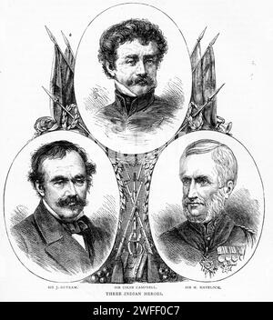 Portrait of three British heroes who distinguished themselves in India - Sir James Outram, Sir Colin Campbell and Sir Henry Havelock. Published circa 1880 Stock Photo