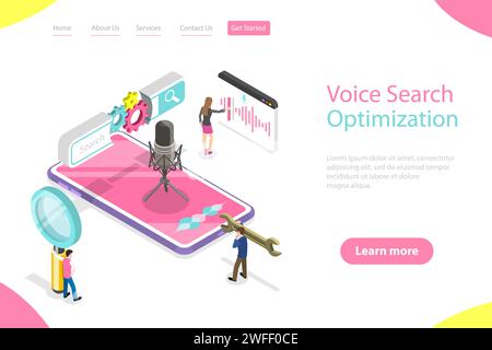 Isometric flat vector landing page template of voice search optimization, voice commands, SEO, keyword research. Stock Vector